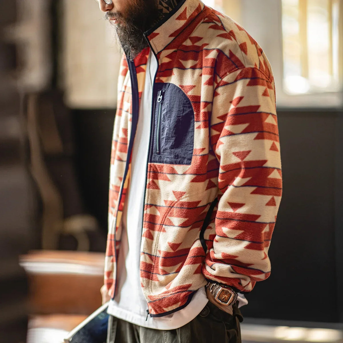 Men's Navajo Pattern Fleece Full Zip Jacket with Stand Collar Vintage Cardigan for Spring Outdoor Casual Comfortable Coat