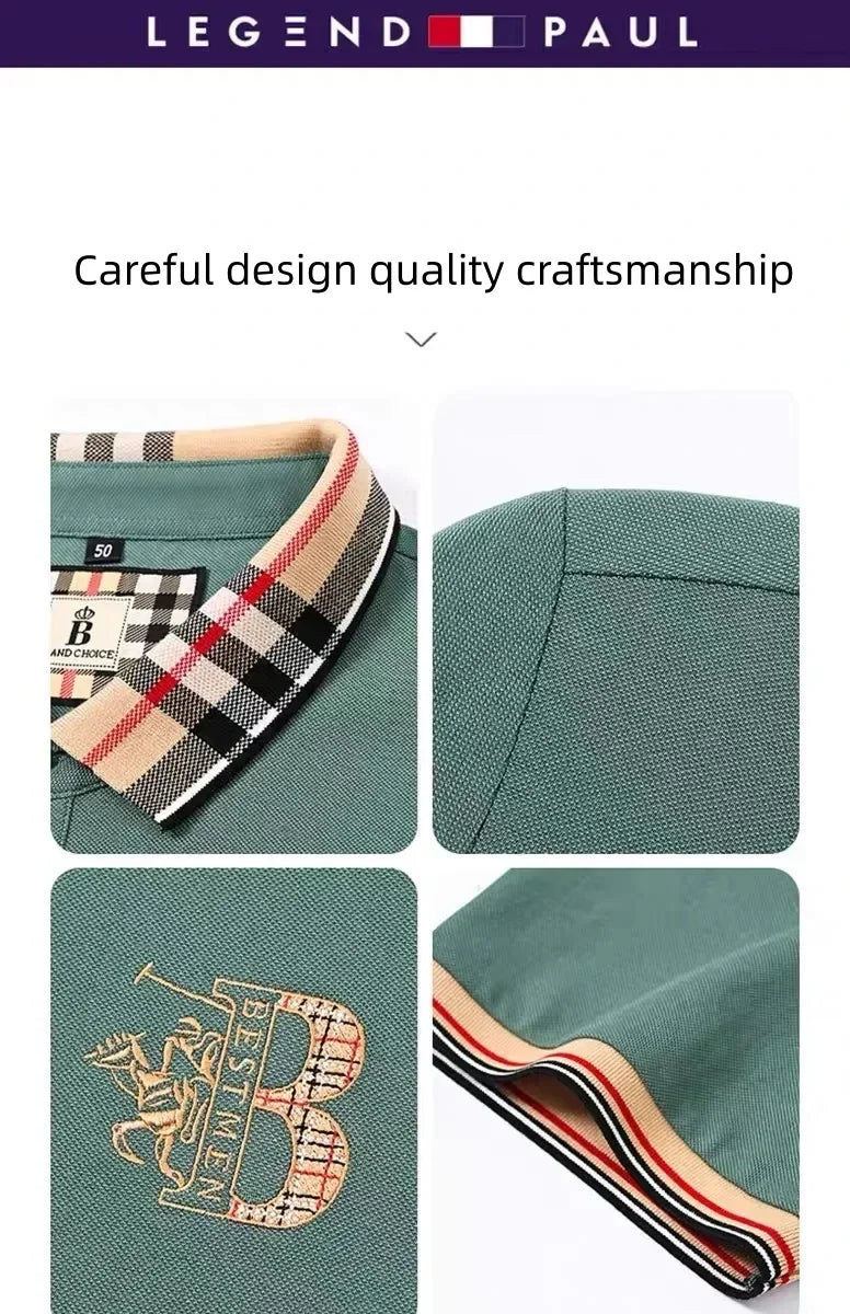 Luxury brand short sleeve men's polo shirt summer high-end fashion plaid embroidery lapel casual T-shirt breathable cotton top