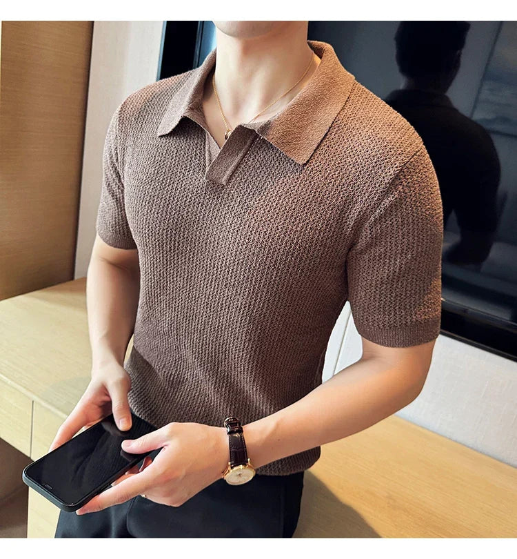 Hollow Knitted Short-Sleeved T-shirt, V-neck Brown Polo Shirt, High-End Quality, Cool, Luxury Genuine Goods，Slim Top