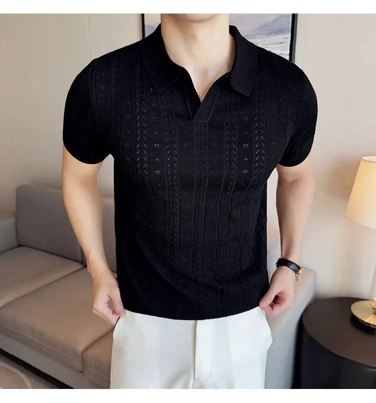 Men's Polo Shirt, Striped Jacquard Knit Short Sleeve, T-shirt V-neck Solid Color Elastic Top 2024. M-3XL,Summer Purple Thin