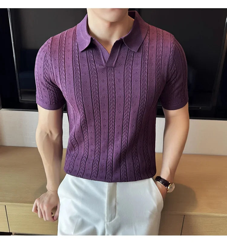 Men's Polo Shirt, Striped Jacquard Knit Short Sleeve, T-shirt V-neck Solid Color Elastic Top 2024. M-3XL,Summer Purple Thin