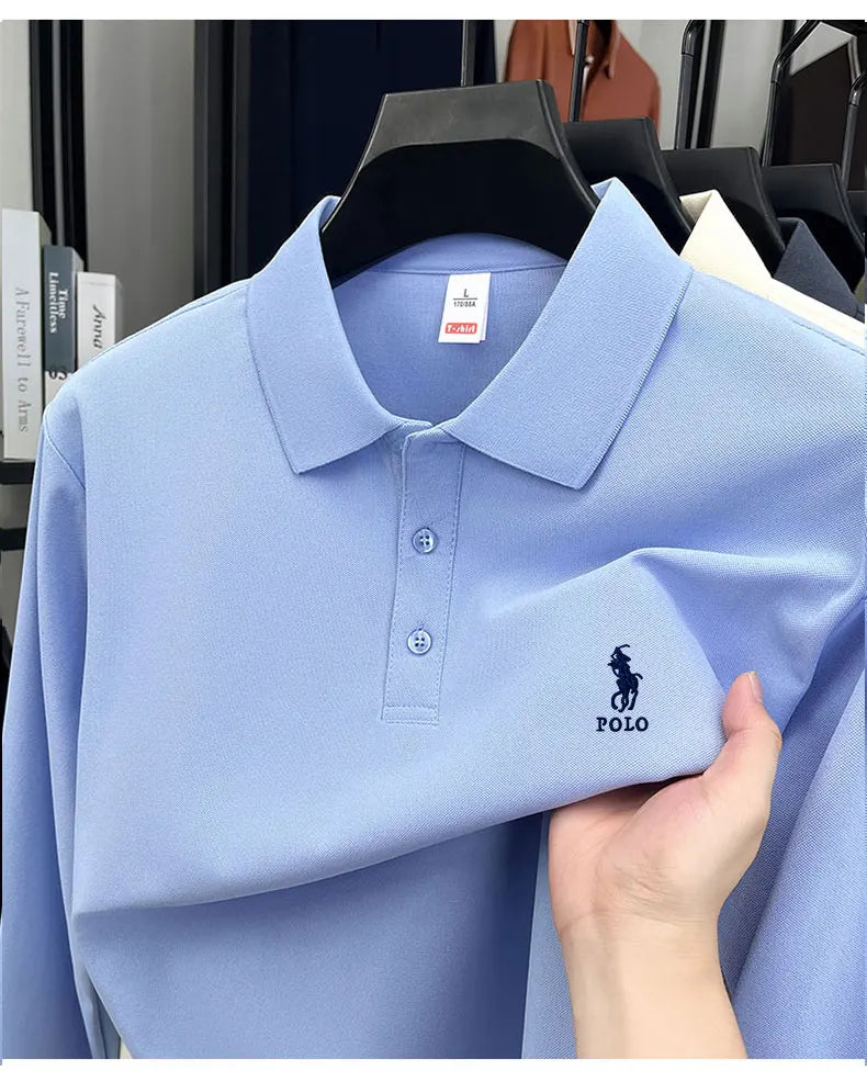 2025 autumn men's long sleeved T-shirt with a solid color polo shirt and a loose casual plus size base shirt