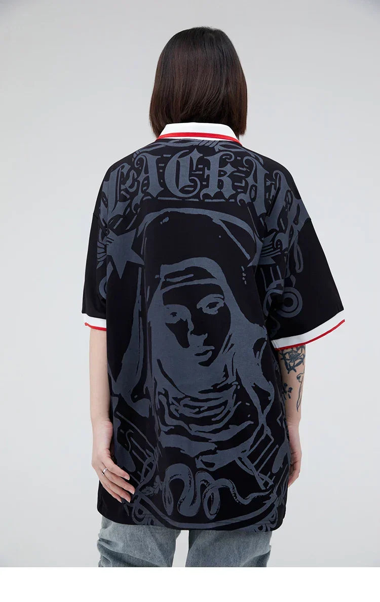 Hip Hop Streetwear Polo T-Shirt Virgin Mary Graphic T Shirt Men Polo Shirt Short Sleeve Harajuku Cotton Tops Tees Red Grey