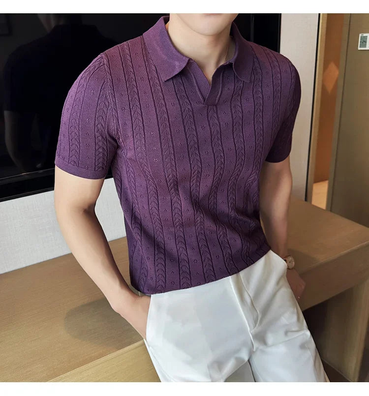 Men's Polo Shirt, Striped Jacquard Knit Short Sleeve, T-shirt V-neck Solid Color Elastic Top 2024. M-3XL,Summer Purple Thin