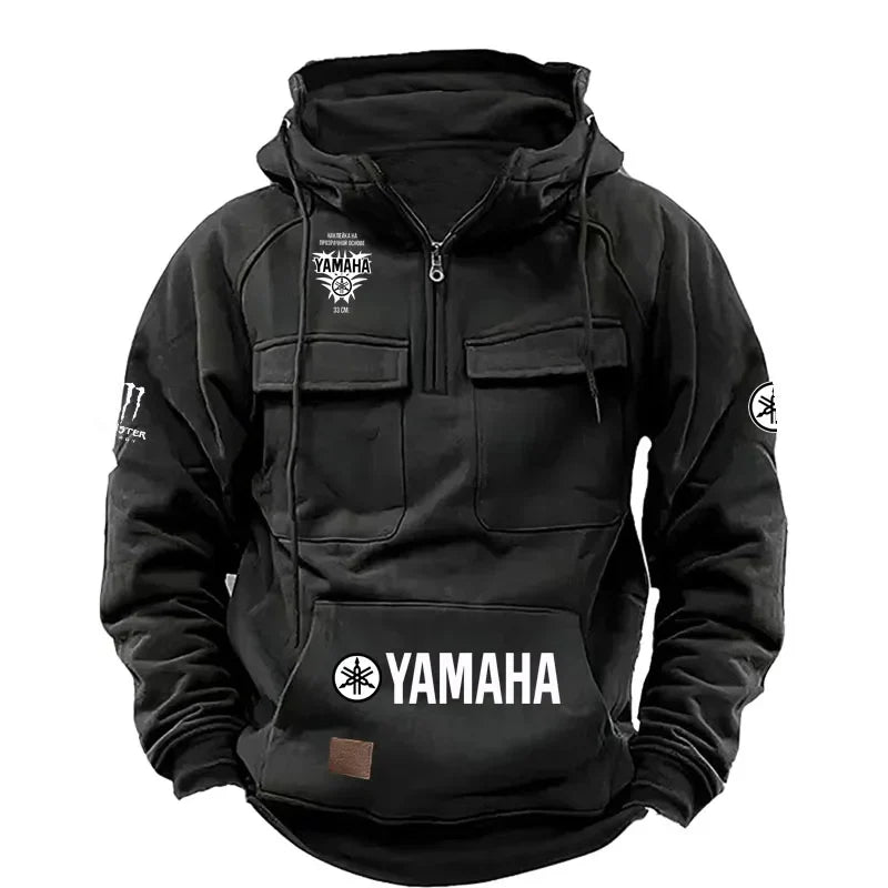 logo Men's Loose Fleece-lined Hoodie Jacket with Multiple Pockets Retro American Style Spring Autumn Winter Casual Outerw