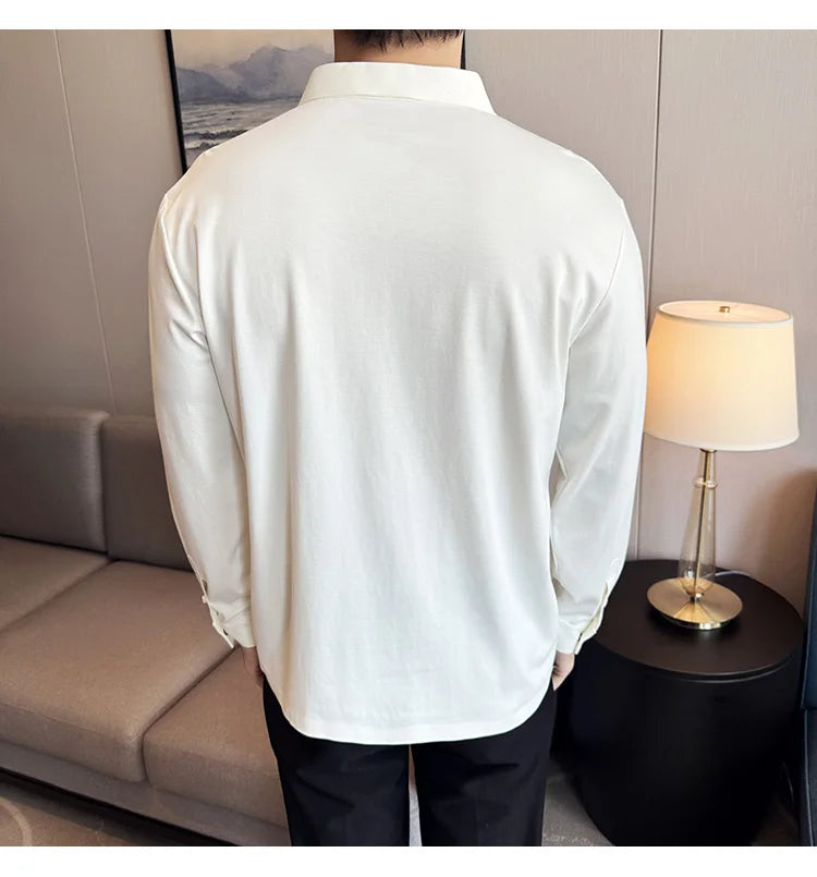 Stitching Special V-neck Long-Sleeved Polo Shirt, Men's High-Grade Elasticity Traceless Lapel T-shirt, Royal Blue Seamless Top