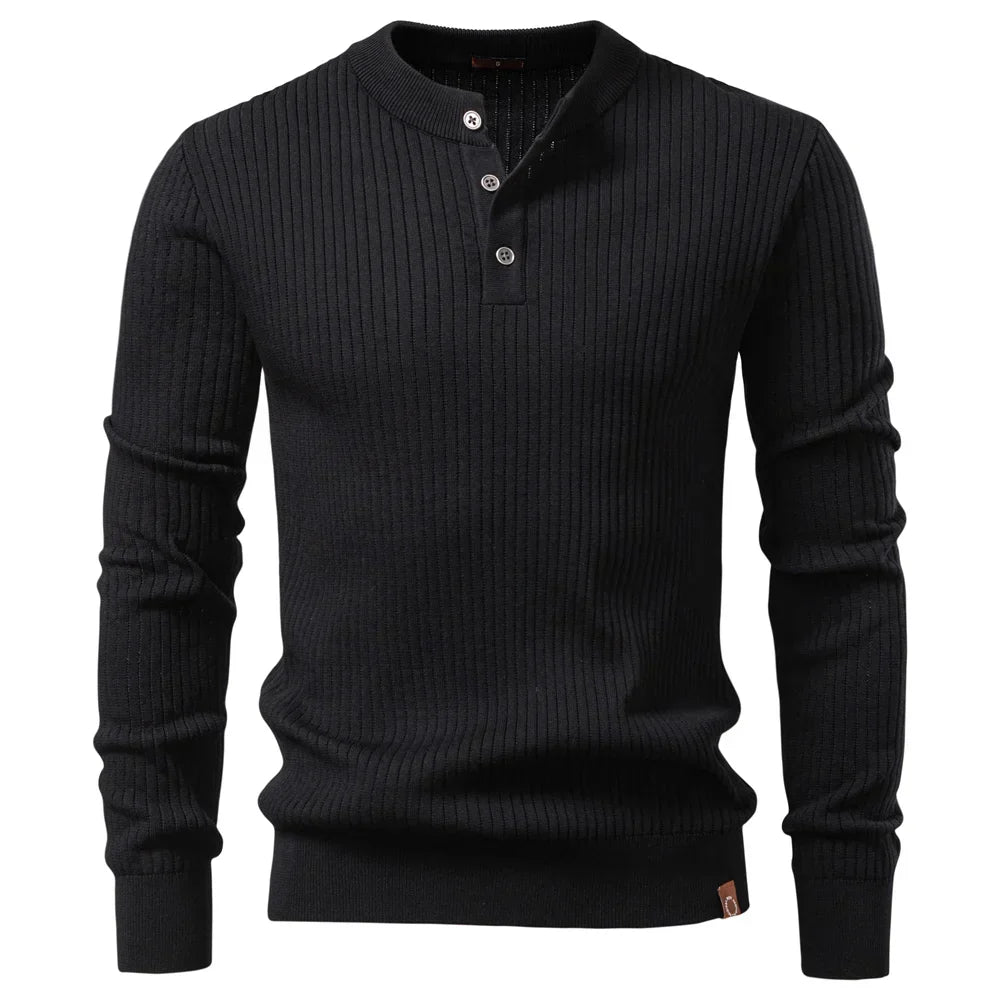 Button Placket Polo Shirt Men Ribbed Stripe Long Sleeve Contemporary Fit Minimalist Autumn Winter Premium Business Top