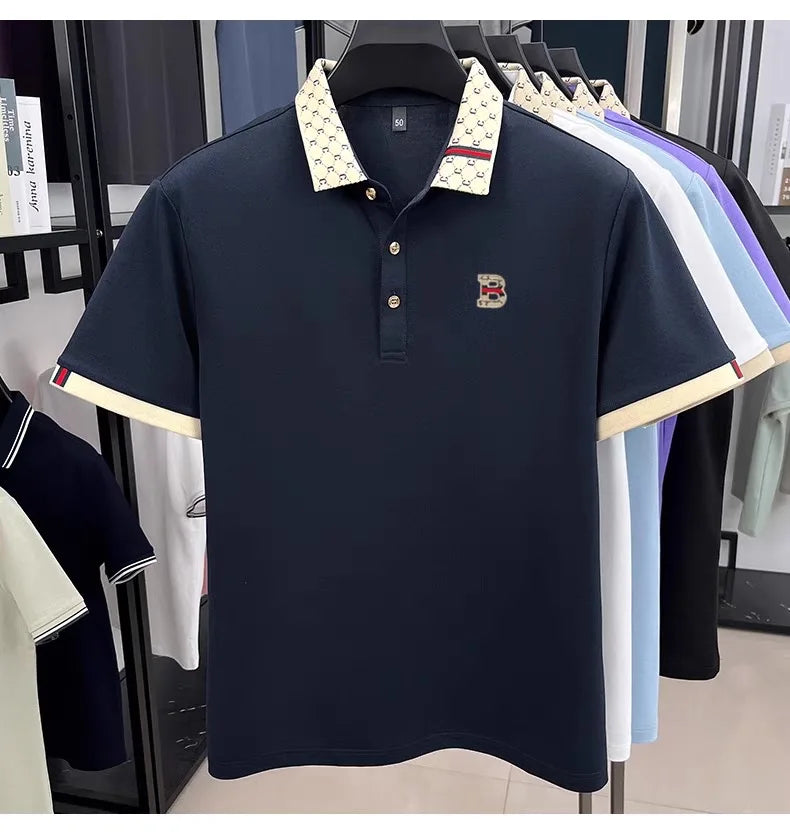 Luxury brand B letter embossed short sleeve polo shirt men summer lightweight breathable new fashion color blocked lapel T-shirt