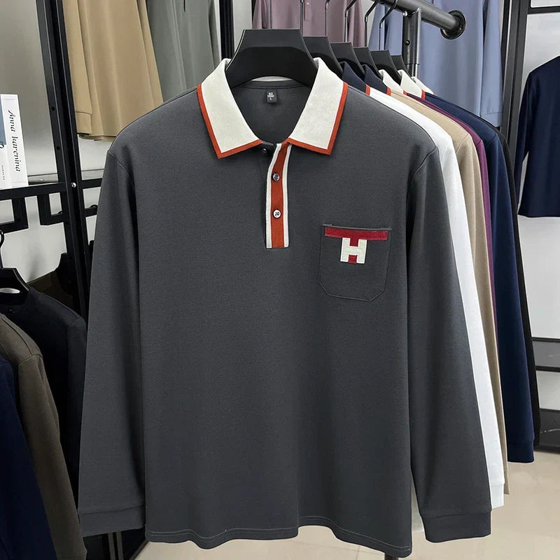 Light Luxury Fashion 100% Pure Cotton Polo Shirt Men's Long Sleeved Autumn New Item Middle-aged Dad Collar Base T-shirt