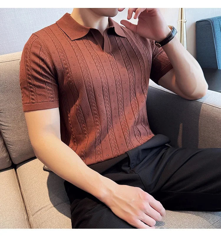 Men's Polo Shirt, Striped Jacquard Knit Short Sleeve, T-shirt V-neck Solid Color Elastic Top 2024. M-3XL,Summer Purple Thin