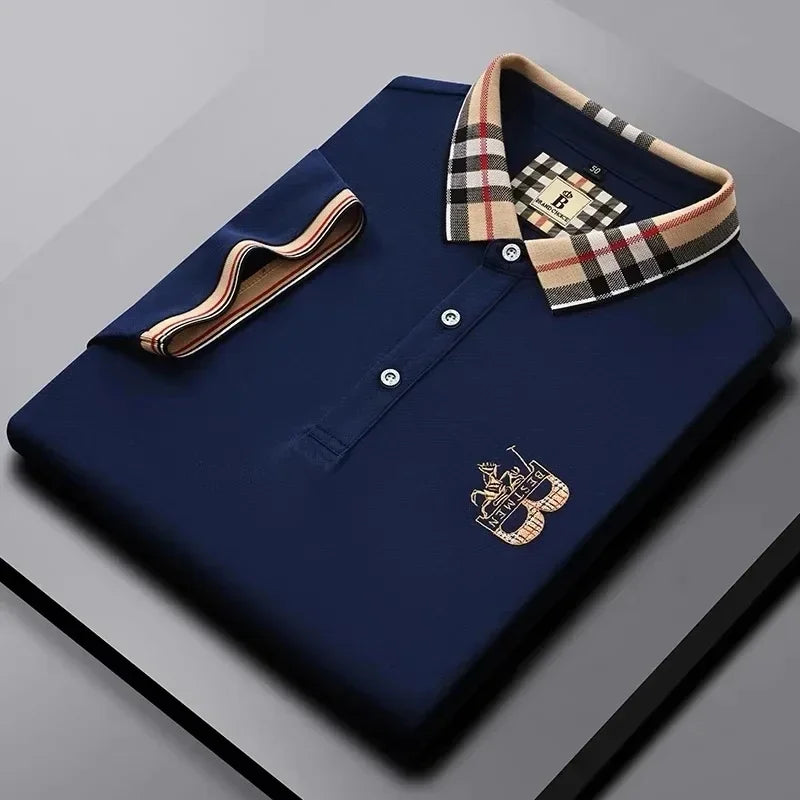 Luxury brand short sleeve men's polo shirt summer high-end fashion plaid embroidery lapel casual T-shirt breathable cotton top