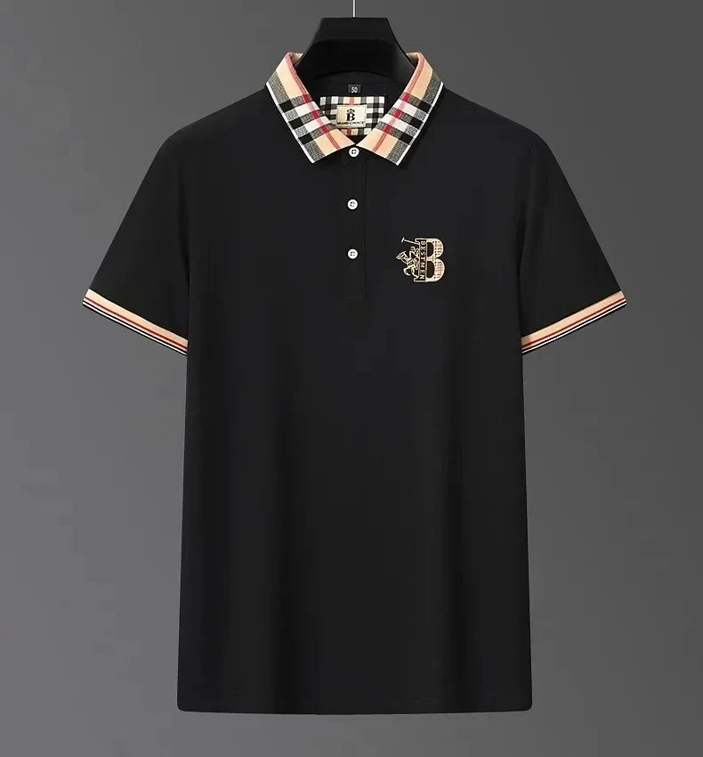 Luxury brand short sleeve men's polo shirt summer high-end fashion plaid embroidery lapel casual T-shirt breathable cotton top