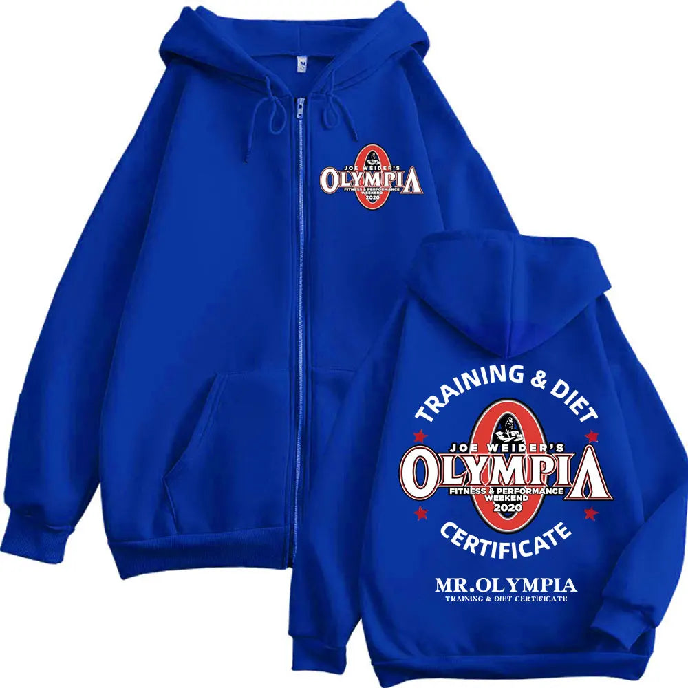 Training Diet Certifiate Mr Olympla Graphic Zipper Hoodie Men Women Gym Fitness Zip Up Sweatshirt Casual Fashion Loose Pullovers