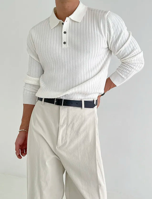 Striped Polo Shirt for Business and Casual Occasionsmen Breathable  Stretchy Slim  Knitted Pullover, Long-sleeve Sweater