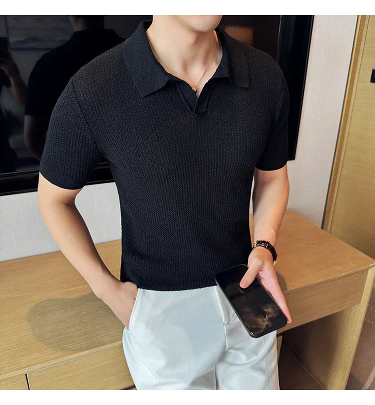 Hollow Knitted Short-Sleeved T-shirt, V-neck Brown Polo Shirt, High-End Quality, Cool, Luxury Genuine Goods，Slim Top