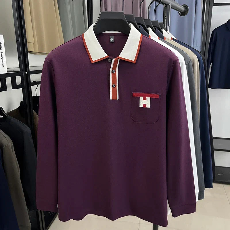 Light Luxury Fashion 100% Pure Cotton Polo Shirt Men's Long Sleeved Autumn New Item Middle-aged Dad Collar Base T-shirt
