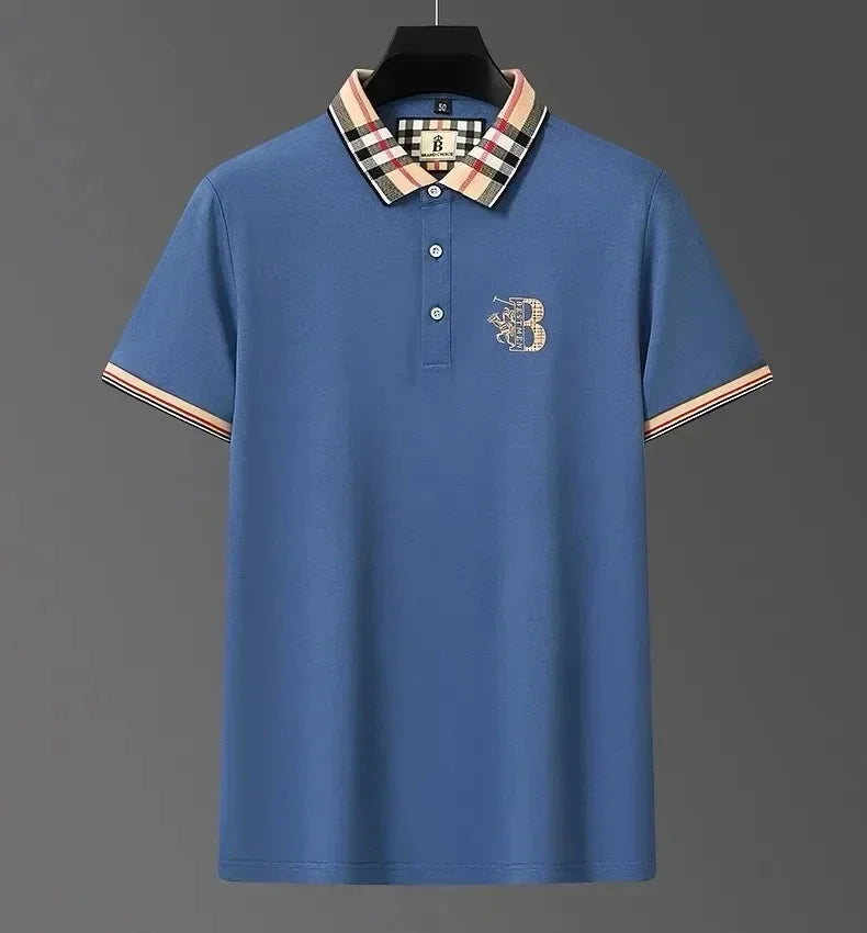 Luxury brand short sleeve men's polo shirt summer high-end fashion plaid embroidery lapel casual T-shirt breathable cotton top