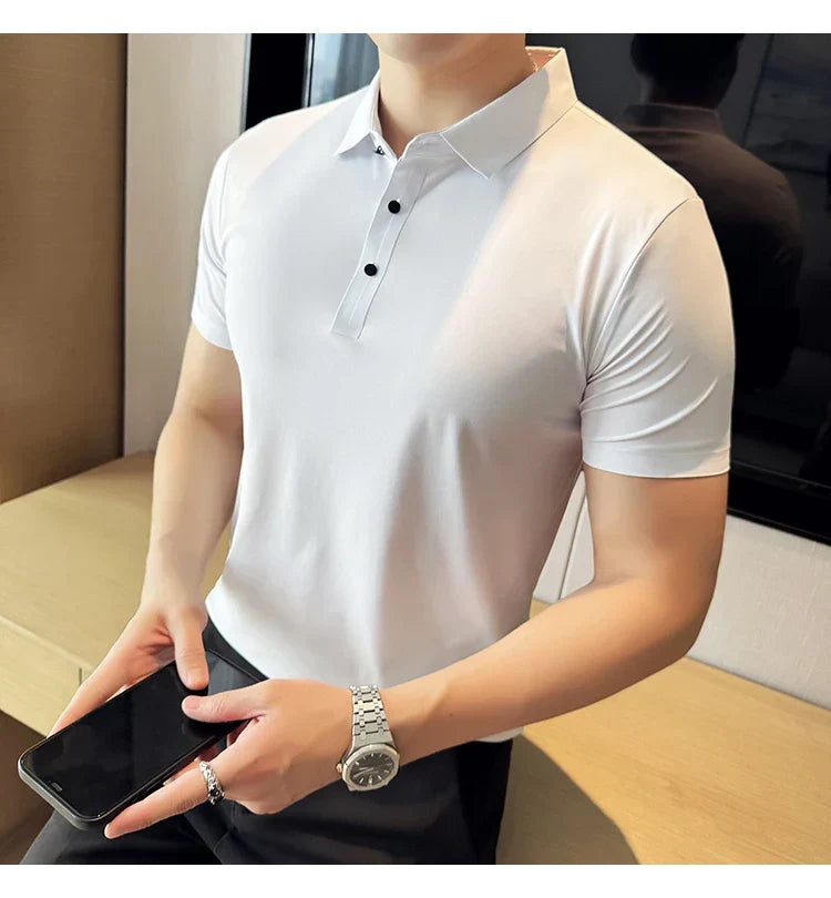 Ice Silk High Elastic Seamless T-shirt ,Summer Thin Polo Shirt, Solid Color Polo Collar Short Sleeve Brown Top, Business Leisure
