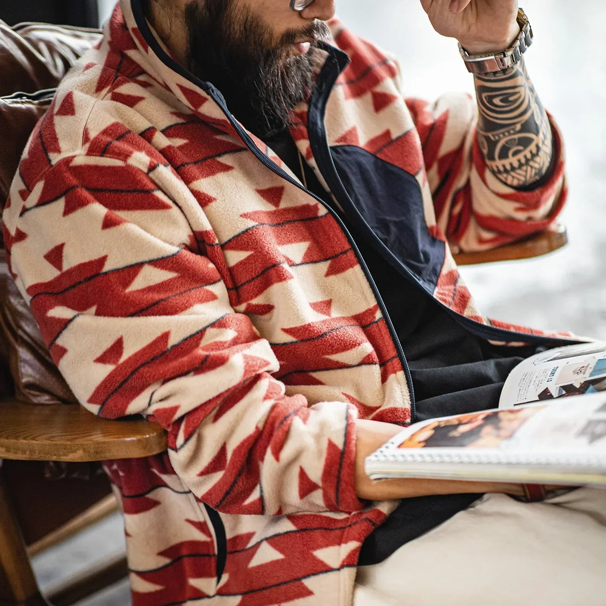 Men's Navajo Pattern Fleece Full Zip Jacket with Stand Collar Vintage Cardigan for Spring Outdoor Casual Comfortable Coat