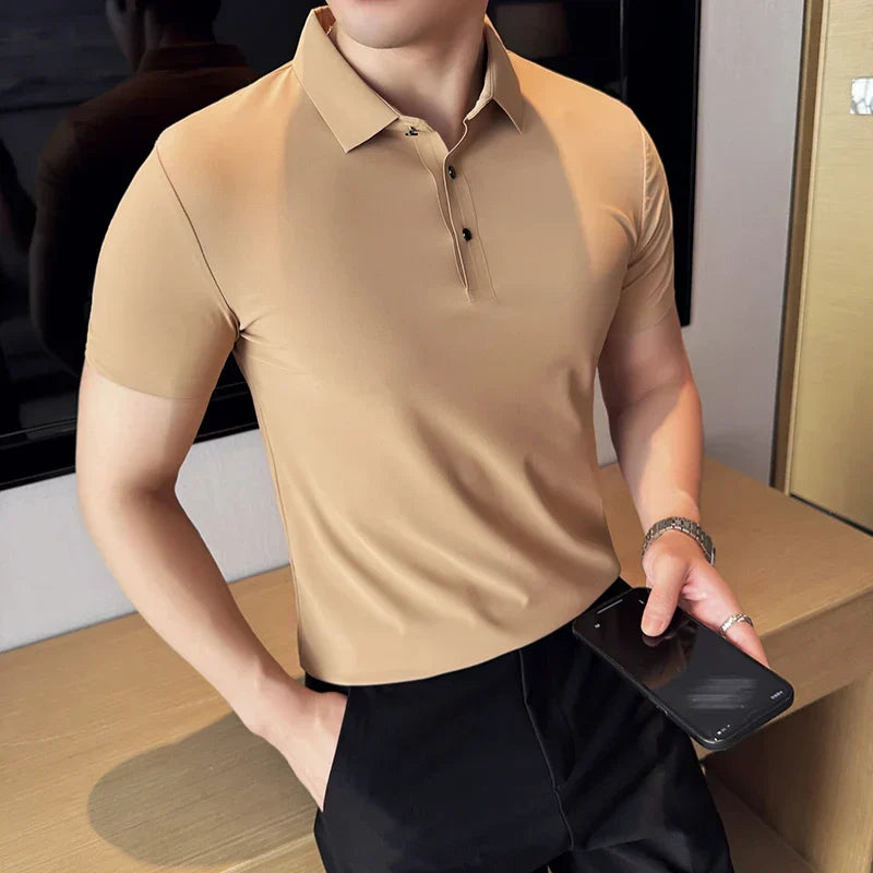 Ice Silk High Elastic Seamless T-shirt ,Summer Thin Polo Shirt, Solid Color Polo Collar Short Sleeve Brown Top, Business Leisure