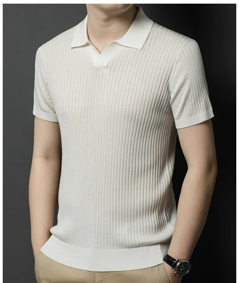 Mulberry Silk Men's Short-Sleeved Shirt, Slim Fit Summer Business Gentleman Men's Polo Shirt in 2024, High-End Knitwear