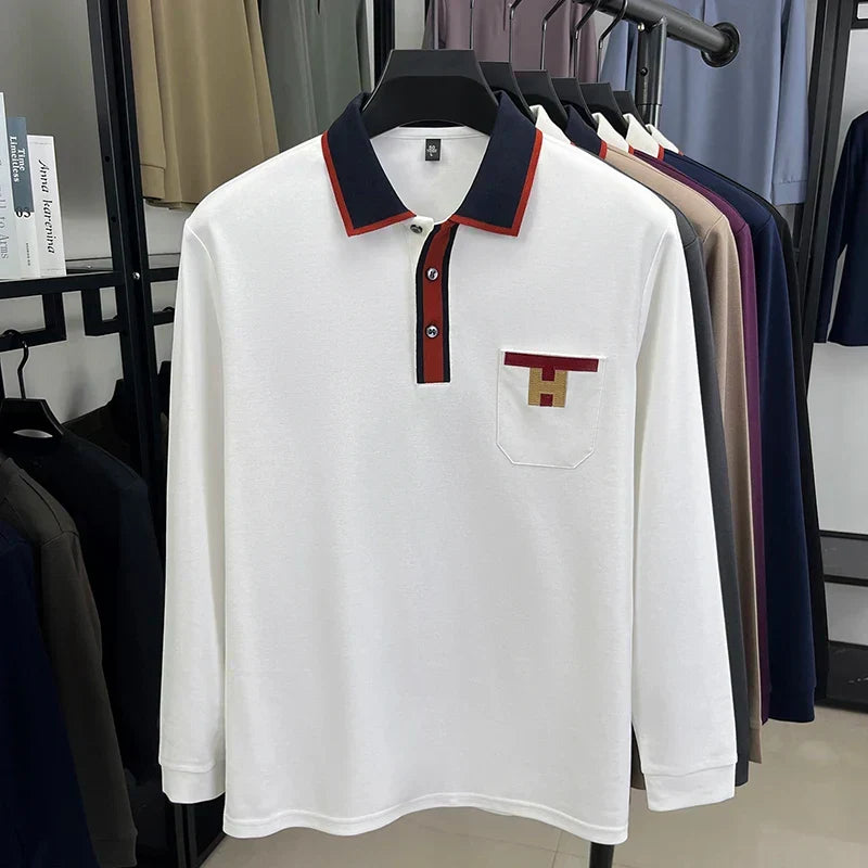 Light Luxury Fashion 100% Pure Cotton Polo Shirt Men's Long Sleeved Autumn New Item Middle-aged Dad Collar Base T-shirt
