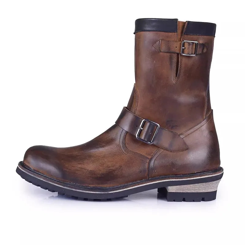 Vintage Mens Cowhide Genuine Leather High Top Engineer Boots Buckle Round Toe Motorcycle Riding Boots Zipper Work Safety Shoes