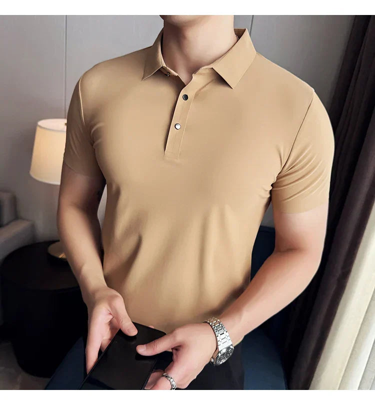 Ice Silk High Elastic Seamless T-shirt ,Summer Thin Polo Shirt, Solid Color Polo Collar Short Sleeve Brown Top, Business Leisure