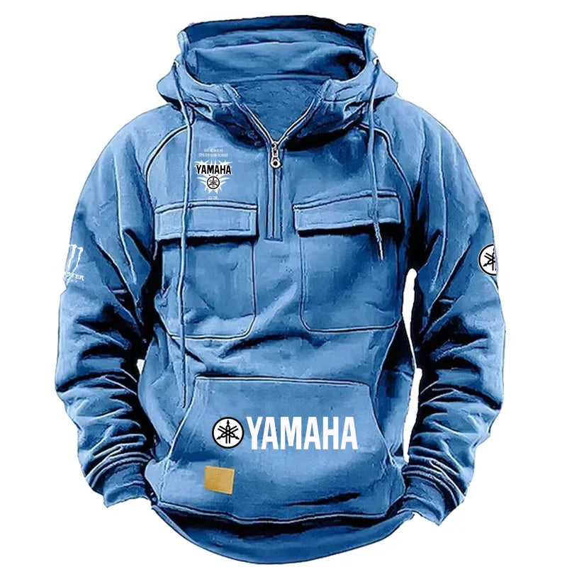 logo Men's Loose Fleece-lined Hoodie Jacket with Multiple Pockets Retro American Style Spring Autumn Winter Casual Outerw