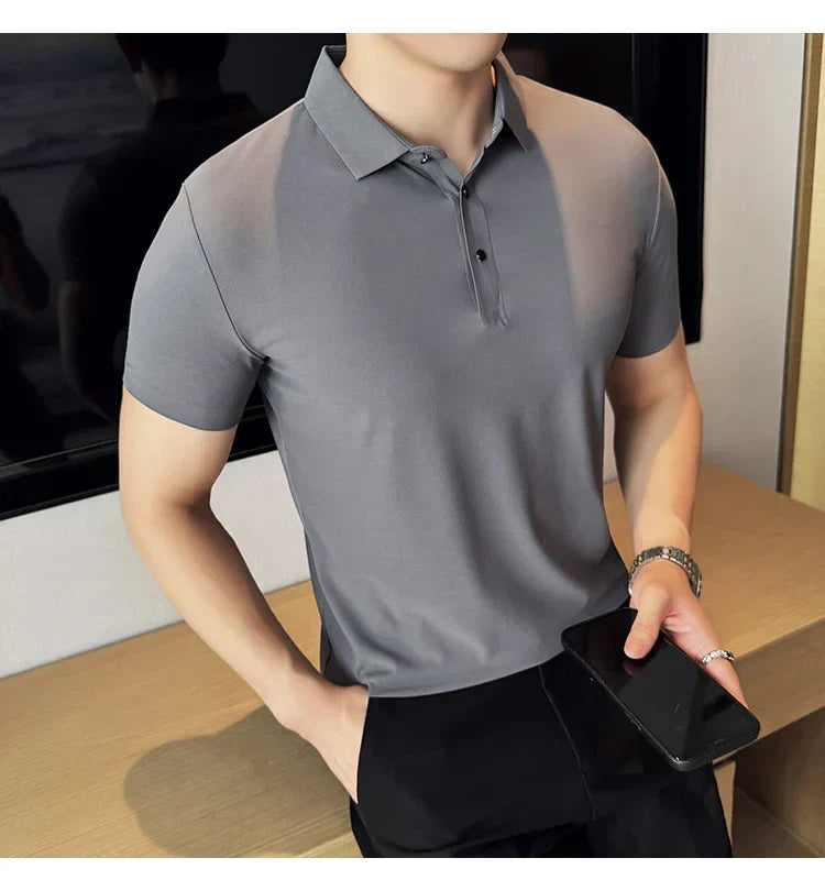 Ice Silk High Elastic Seamless T-shirt ,Summer Thin Polo Shirt, Solid Color Polo Collar Short Sleeve Brown Top, Business Leisure