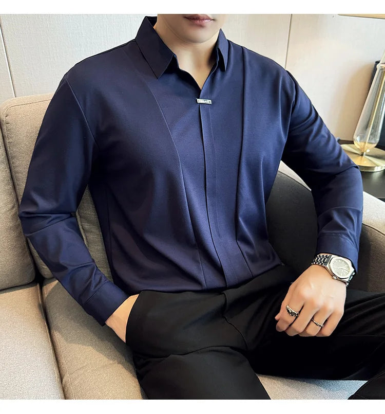 Stitching Special V-neck Long-Sleeved Polo Shirt, Men's High-Grade Elasticity Traceless Lapel T-shirt, Royal Blue Seamless Top