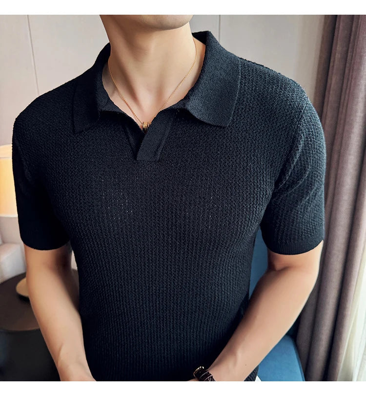 Hollow Knitted Short-Sleeved T-shirt, V-neck Brown Polo Shirt, High-End Quality, Cool, Luxury Genuine Goods，Slim Top