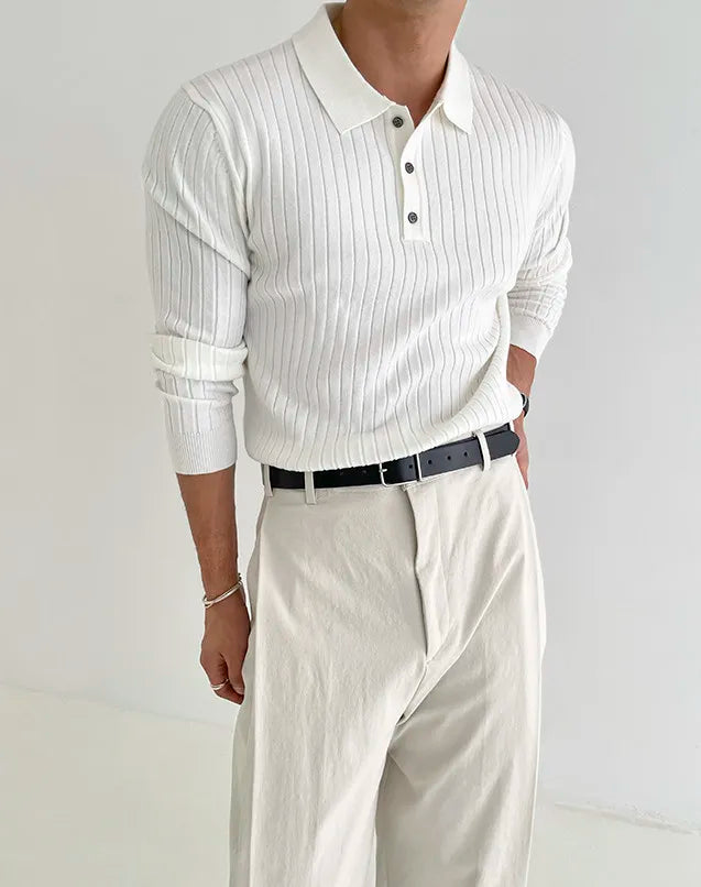 Striped Polo Shirt for Business and Casual Occasionsmen Breathable  Stretchy Slim  Knitted Pullover, Long-sleeve Sweater