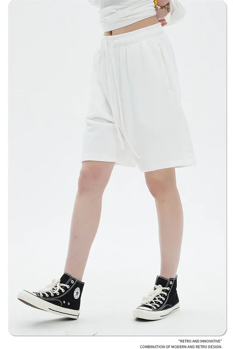 Fashion Summer Men 420gsm Washed Cotton Shorts Retro Unisex High Street Terry Knee Length Short Pants Streetwears HY0845
