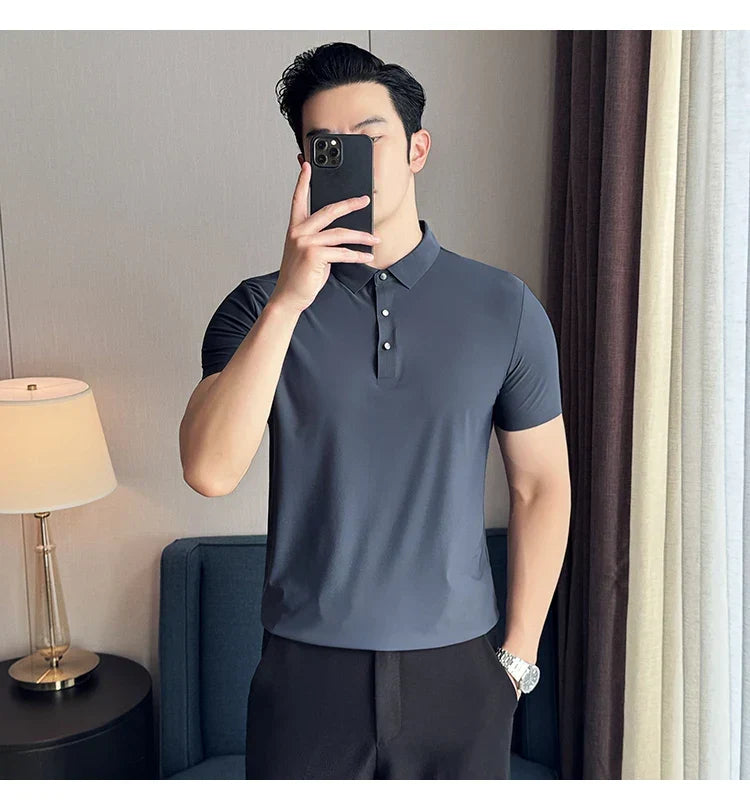 Ice Silk High Elastic Seamless T-shirt ,Summer Thin Polo Shirt, Solid Color Polo Collar Short Sleeve Brown Top, Business Leisure