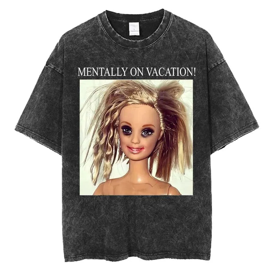Funny Distressed Doll Face Meme Smoking Oversized T shirt 100% Cotton Vintage Washed T-shirt for men women P724
