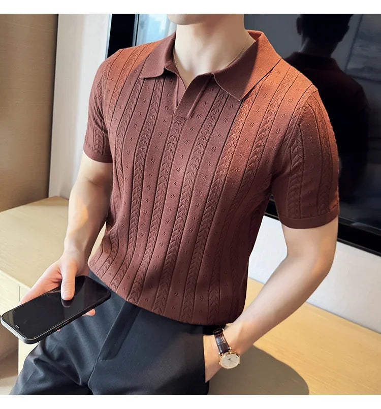 Men's Polo Shirt, Striped Jacquard Knit Short Sleeve, T-shirt V-neck Solid Color Elastic Top 2024. M-3XL,Summer Purple Thin