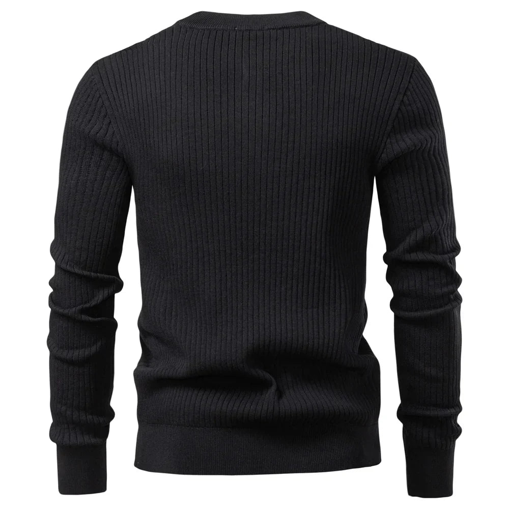 Button Placket Polo Shirt Men Ribbed Stripe Long Sleeve Contemporary Fit Minimalist Autumn Winter Premium Business Top