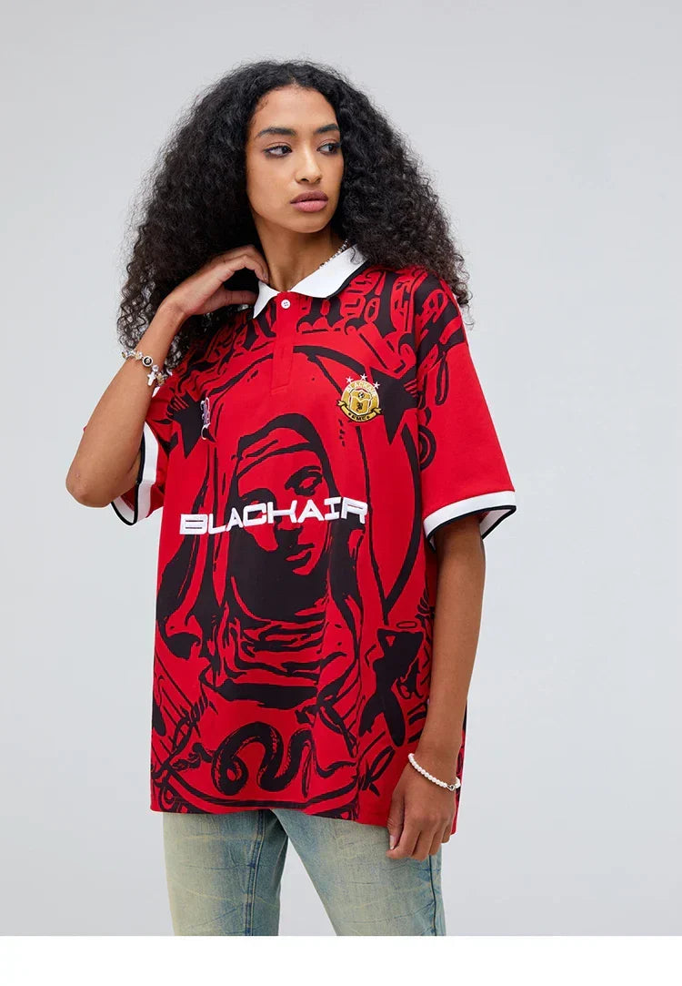 Hip Hop Streetwear Polo T-Shirt Virgin Mary Graphic T Shirt Men Polo Shirt Short Sleeve Harajuku Cotton Tops Tees Red Grey
