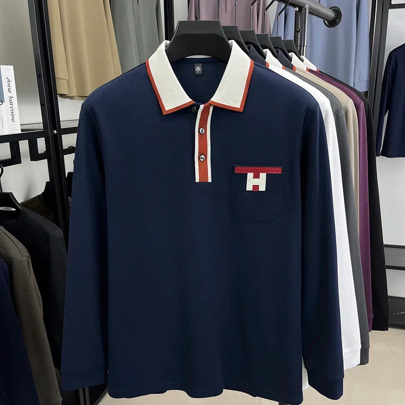 Light Luxury Fashion 100% Pure Cotton Polo Shirt Men's Long Sleeved Autumn New Item Middle-aged Dad Collar Base T-shirt