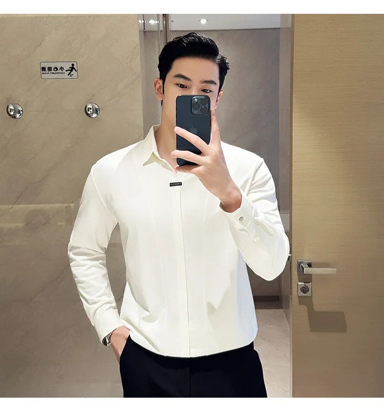 Stitching Special V-neck Long-Sleeved Polo Shirt, Men's High-Grade Elasticity Traceless Lapel T-shirt, Royal Blue Seamless Top