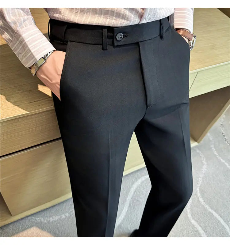 Autumn Winter Thicken Elastic Waist Casual Suit Pants High Quality Men Woven Dark Striped Slim Fit Office Social Dress Trousers