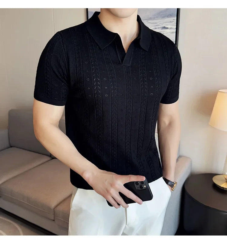 Men's Polo Shirt, Striped Jacquard Knit Short Sleeve, T-shirt V-neck Solid Color Elastic Top 2024. M-3XL,Summer Purple Thin