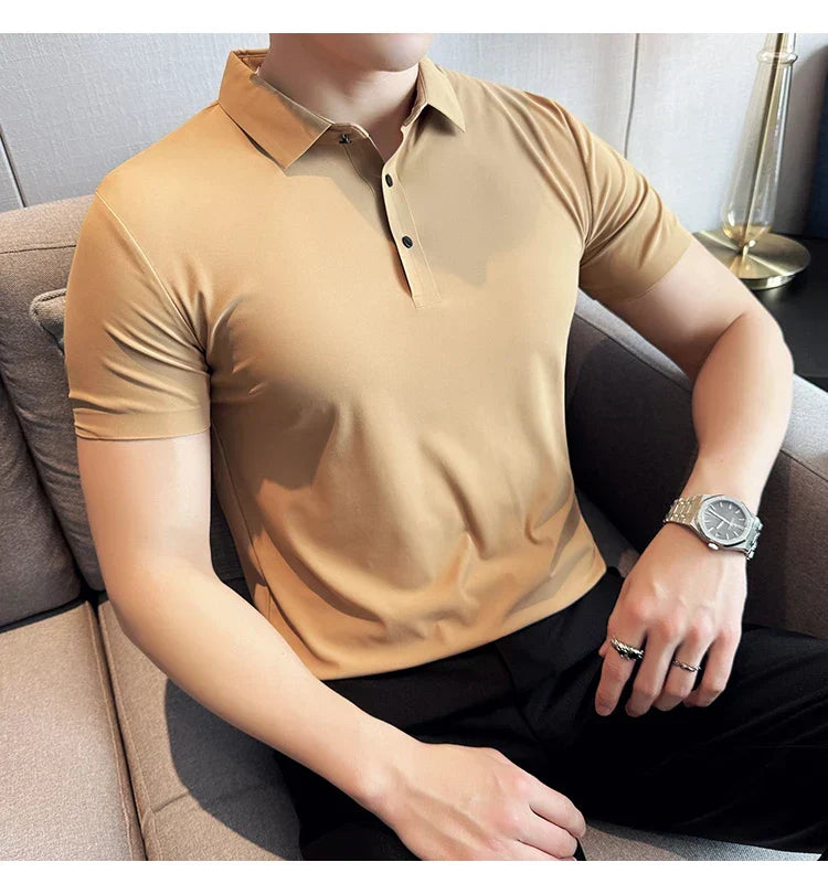 Ice Silk High Elastic Seamless T-shirt ,Summer Thin Polo Shirt, Solid Color Polo Collar Short Sleeve Brown Top, Business Leisure
