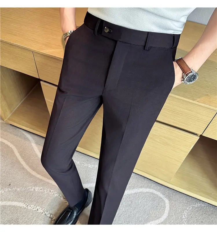 Autumn Winter Thicken Elastic Waist Casual Suit Pants High Quality Men Woven Dark Striped Slim Fit Office Social Dress Trousers