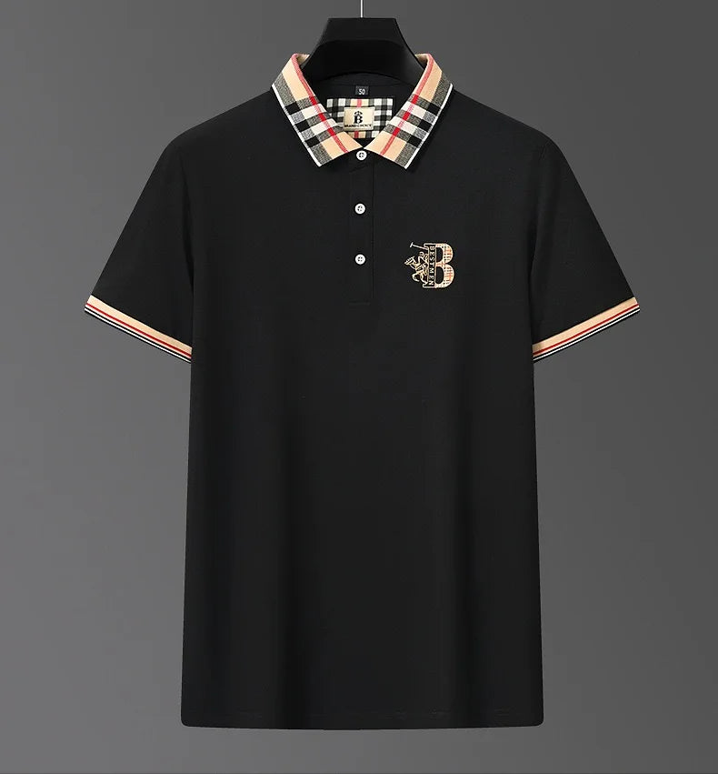 Luxury brand short sleeve men's polo shirt summer high-end fashion plaid embroidery lapel casual T-shirt breathable cotton top