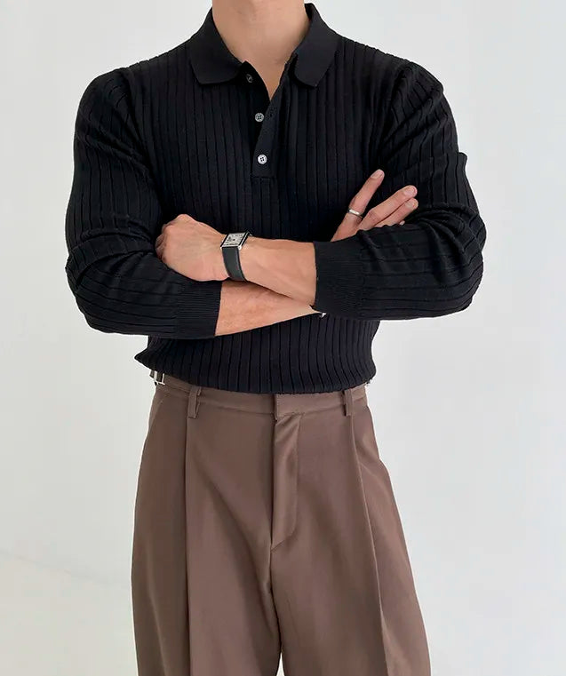 Striped Polo Shirt for Business and Casual Occasionsmen Breathable  Stretchy Slim  Knitted Pullover, Long-sleeve Sweater
