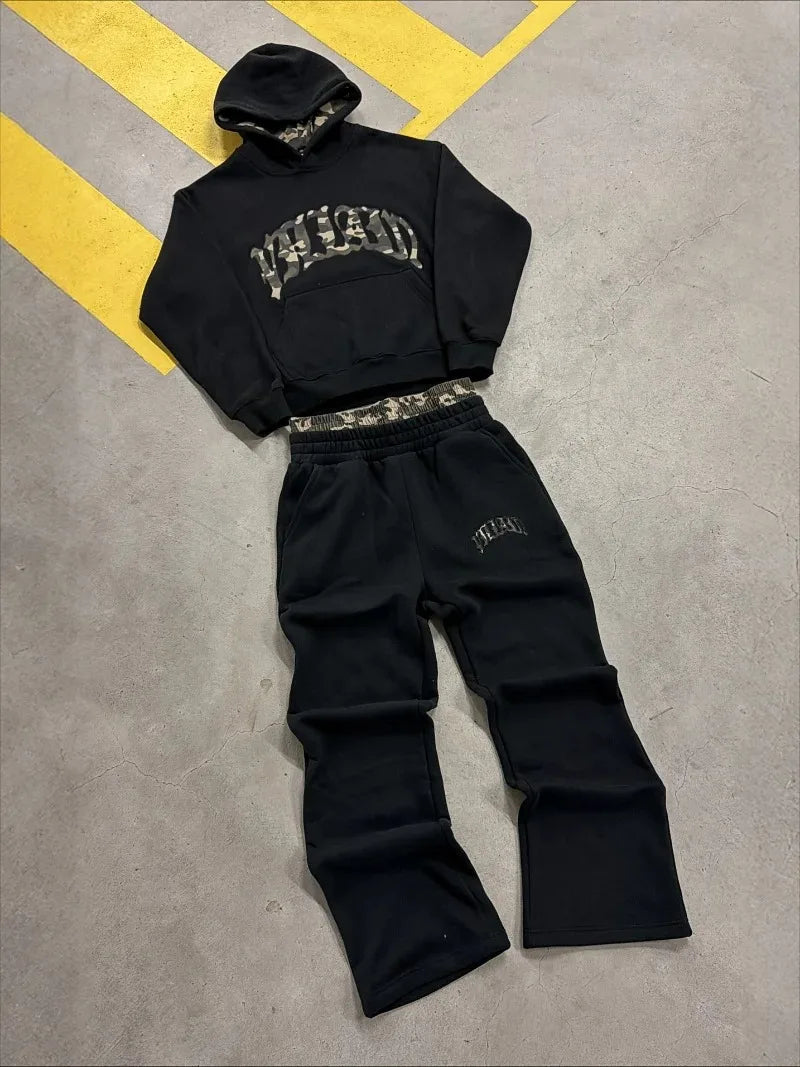 High street fashion leopard print letter embroidered men sportswear suit Y2K American casual retro hoodie trend loose clothing