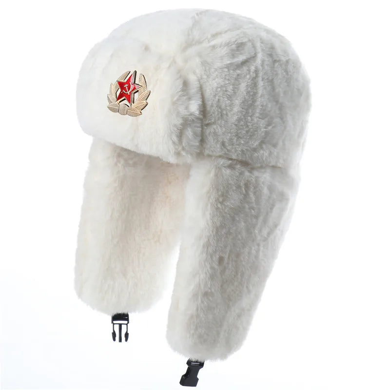 Winter Women Soviet Badge Bomber Hat Warm Faux Rabbit Fur Pilot Ushanka Windproof Thermal Earflap Hats For Men Ski Caps