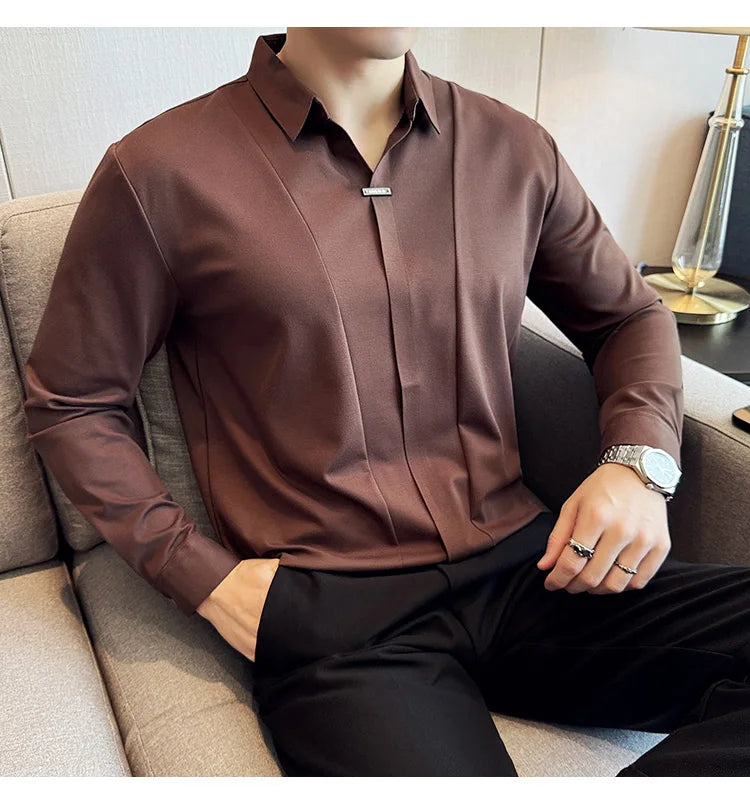 Stitching Special V-neck Long-Sleeved Polo Shirt, Men's High-Grade Elasticity Traceless Lapel T-shirt, Royal Blue Seamless Top